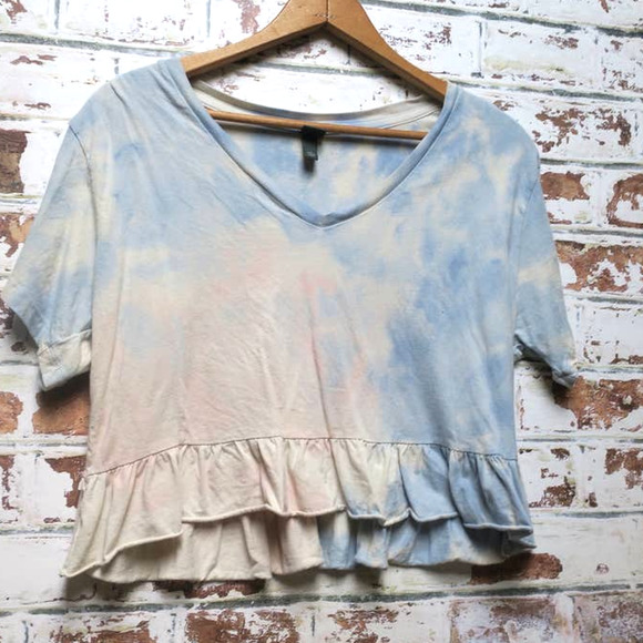 Wild Fable Pure Cotton Tie Dye Peplum V-Neck Short Sleeve Cropped Blouse - Picture 5 of 9